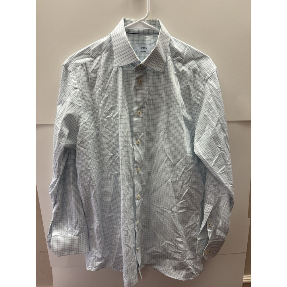 Eton Contemporary Fit Dress Shirt 16.5 42 L Green Blue Windowpane Check Cotton